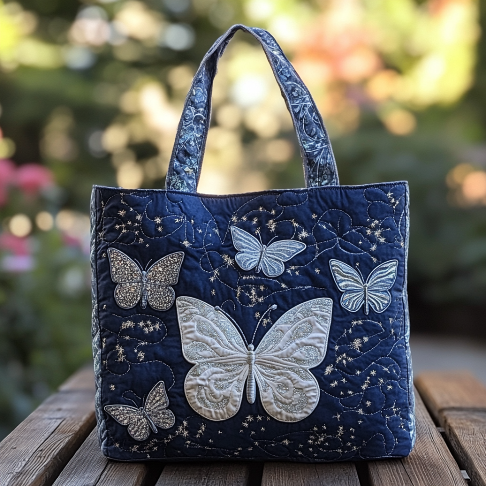 Silver Butterfly Quilted Tote Bag NCU0DK9609
