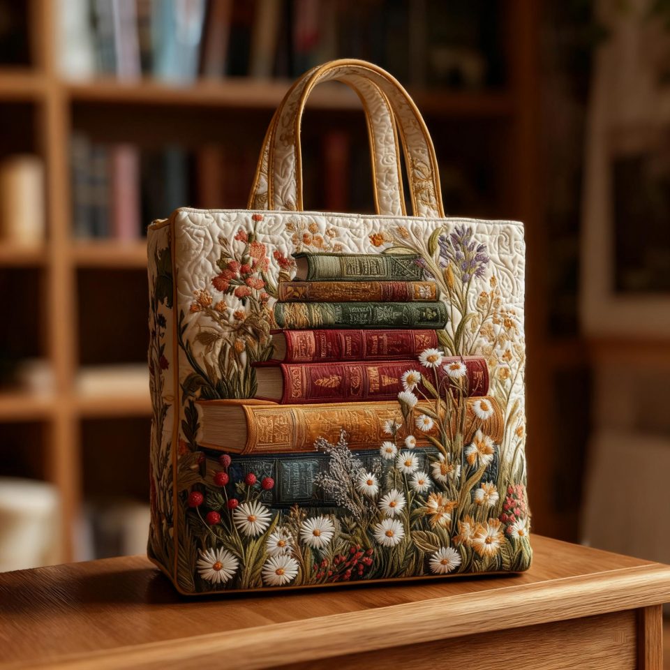Artistic Book Scroll Floral Quilted Tote Bag