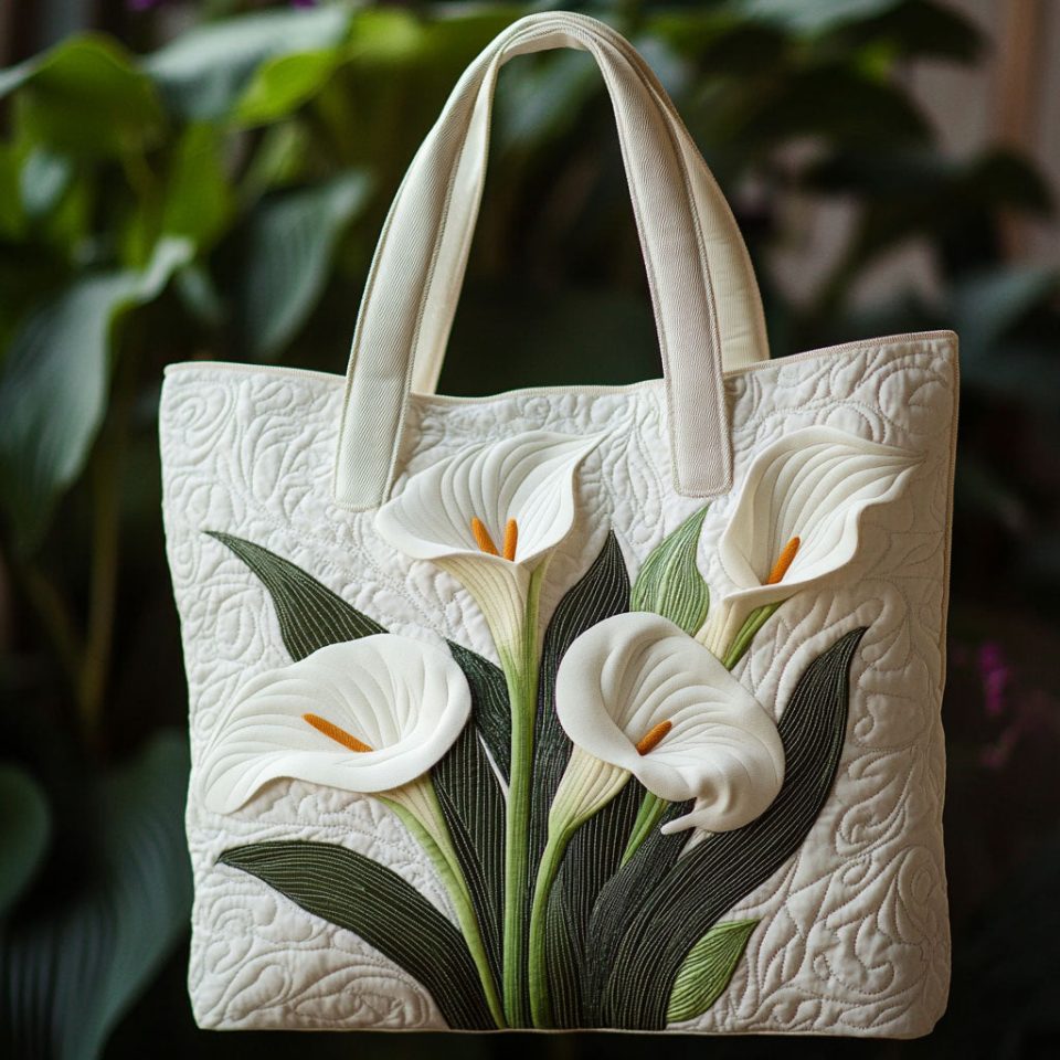 White Calla Lily  Quilted Tote Bag